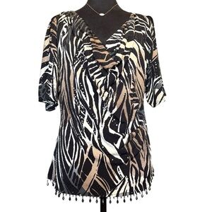 MSK Medium Black and White Zebra Print Cutout Sleeve Beaded Sequin Shirt